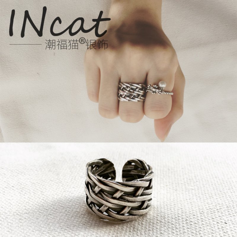 S925 sterling silver multi-thread knot, antique and old personality open plain silver ring ring