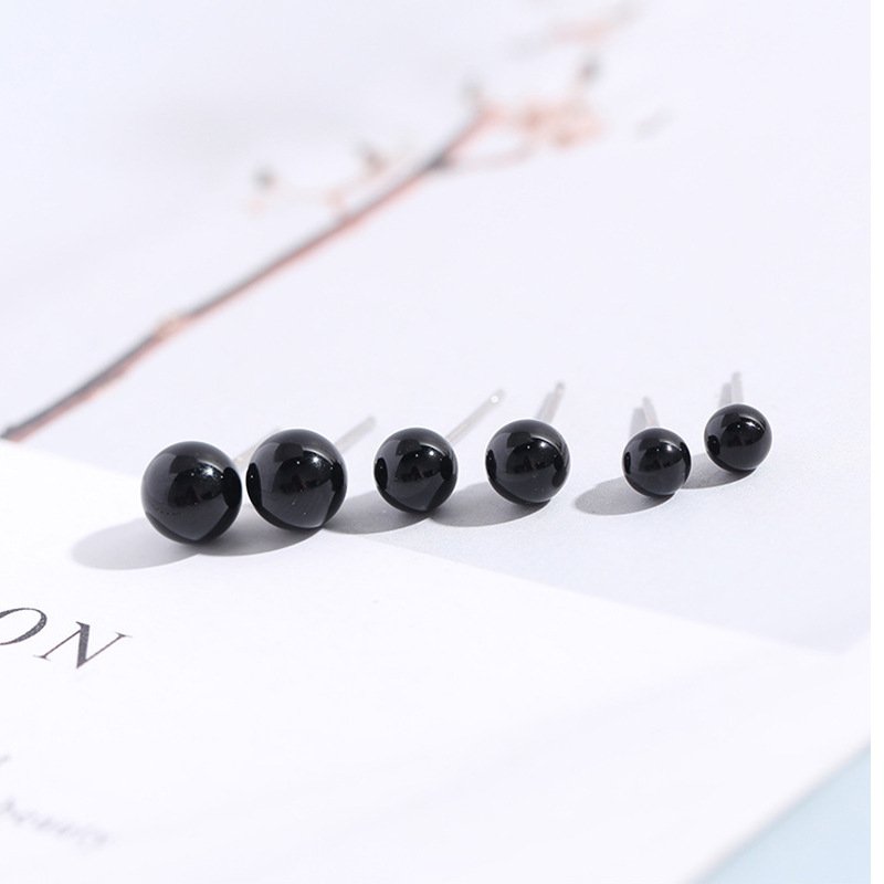 925 tremella earrings black agate small ball female earrings round simple retro earrings personalized earrings