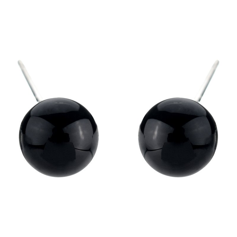 925 tremella earrings black agate small ball female earrings round simple retro earrings personalized earrings