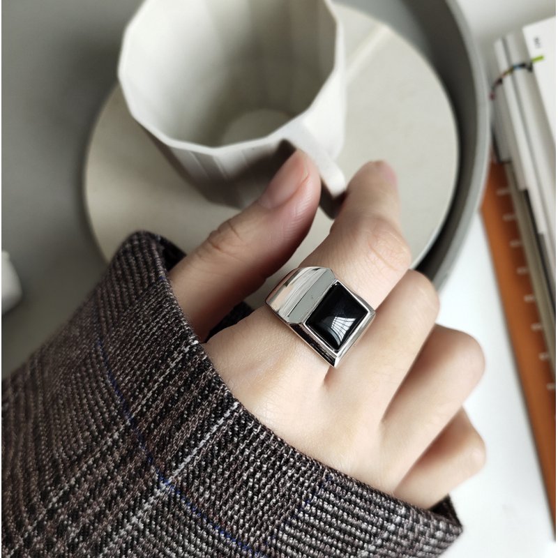 Design jewelry 925 sterling silver ring net red heavy black agate rectangular ring ring jewelry