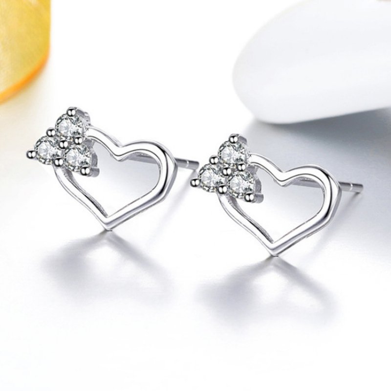 Love silver needle stud earrings women simple diamond heart-shaped earrings, silver jewelry