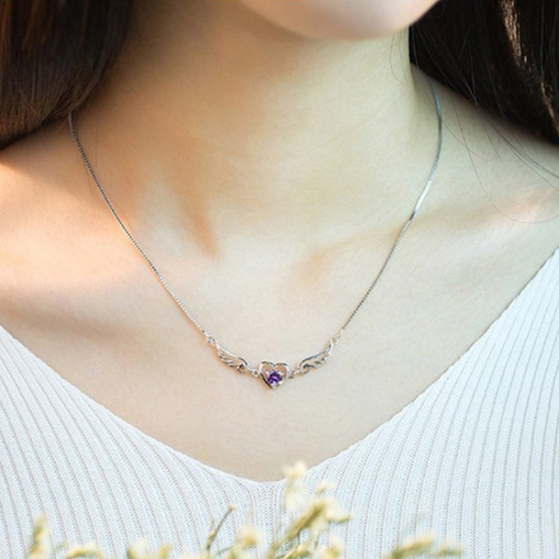 925 Angel Lovers Clavicle Chain Love Necklace for Women, Amethyst Necklace for Women