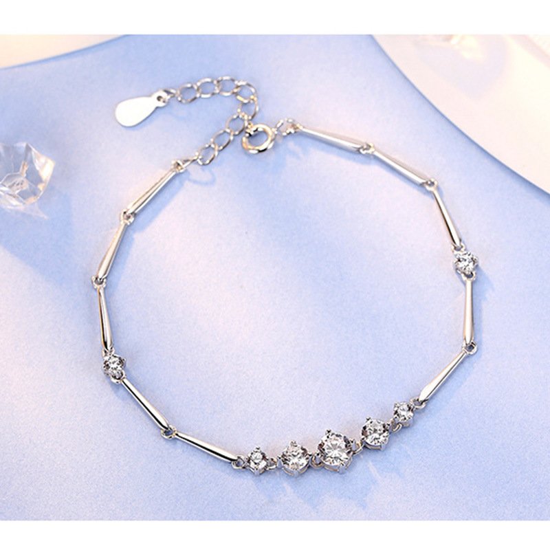 Silver Bracelet with Diamonds Fashion 925 Bracelet Women's Multi-Diamond Simple Leaf Section Bracelet Jewelry