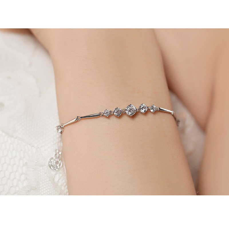 Silver Bracelet with Diamonds Fashion 925 Bracelet Women's Multi-Diamond Simple Leaf Section Bracelet Jewelry