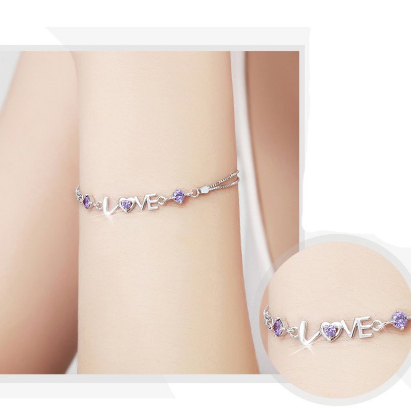 Romantic love silver female bracelet new love heart-shaped double diamond bracelet for girlfriend