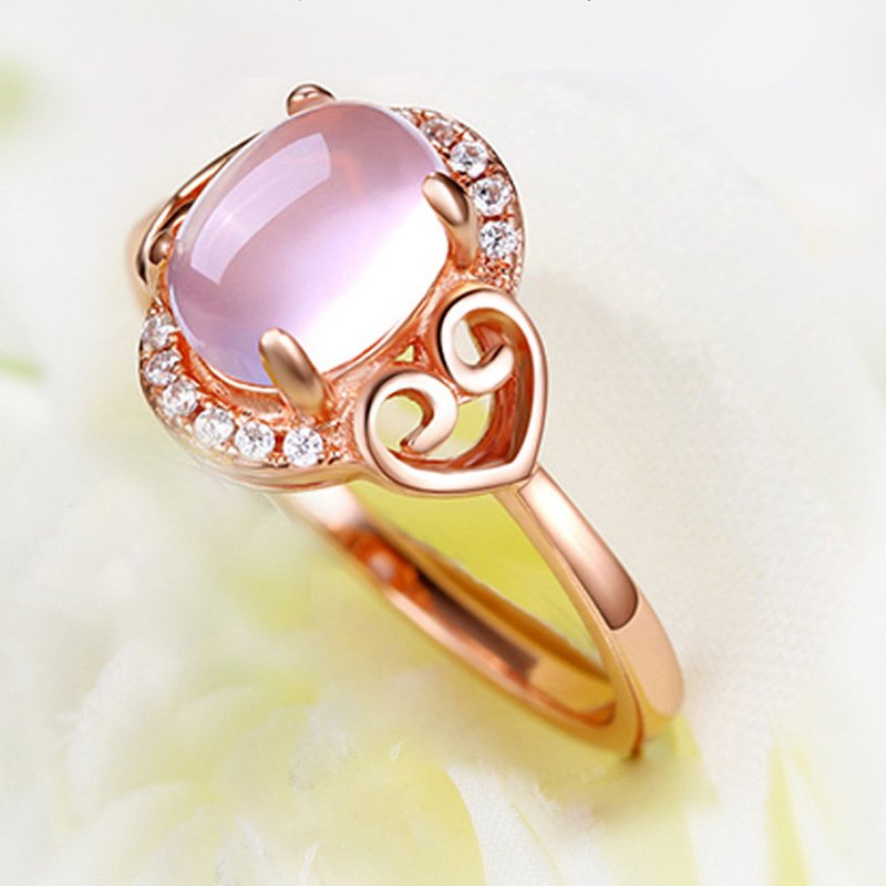 Pink crystal open ring 18K rose gold hibiscus stone ring colorful gold temperament open female ring tail ring