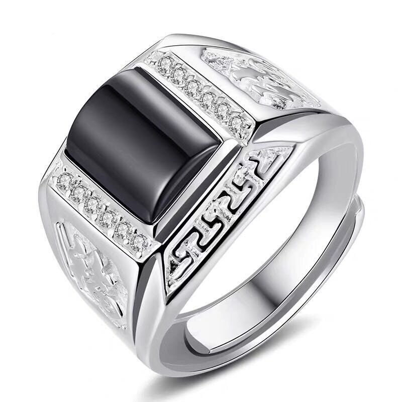 Cupronickel white gold ring men single domineering black agate ring personality open fashion index finger wide ring