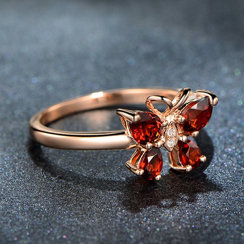 Red garnet ring female 18K rose gold temperament bow female ring opening adjustable ring hand jewelry