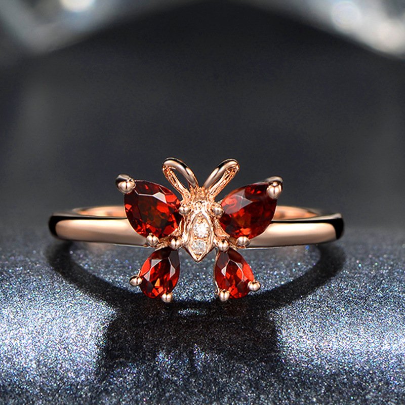 Red garnet ring female 18K rose gold temperament bow female ring opening adjustable ring hand jewelry