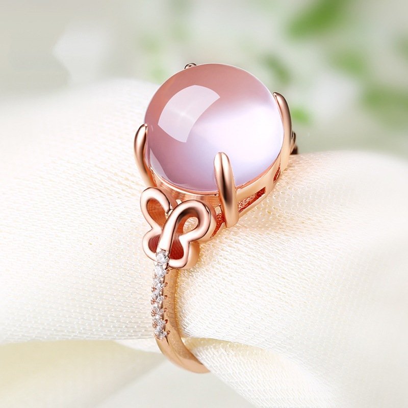 Hibiscus stone pink crystal butterfly ring rose gold temperament ladies ring day color gold light luxury open female ring