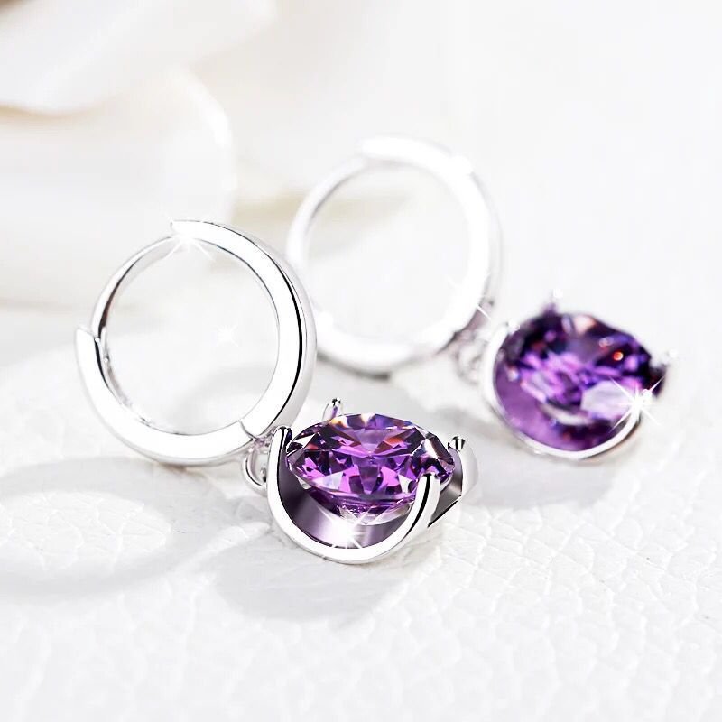 Temperament long earrings, amethyst earrings, sweet birthday gift silver jewelry