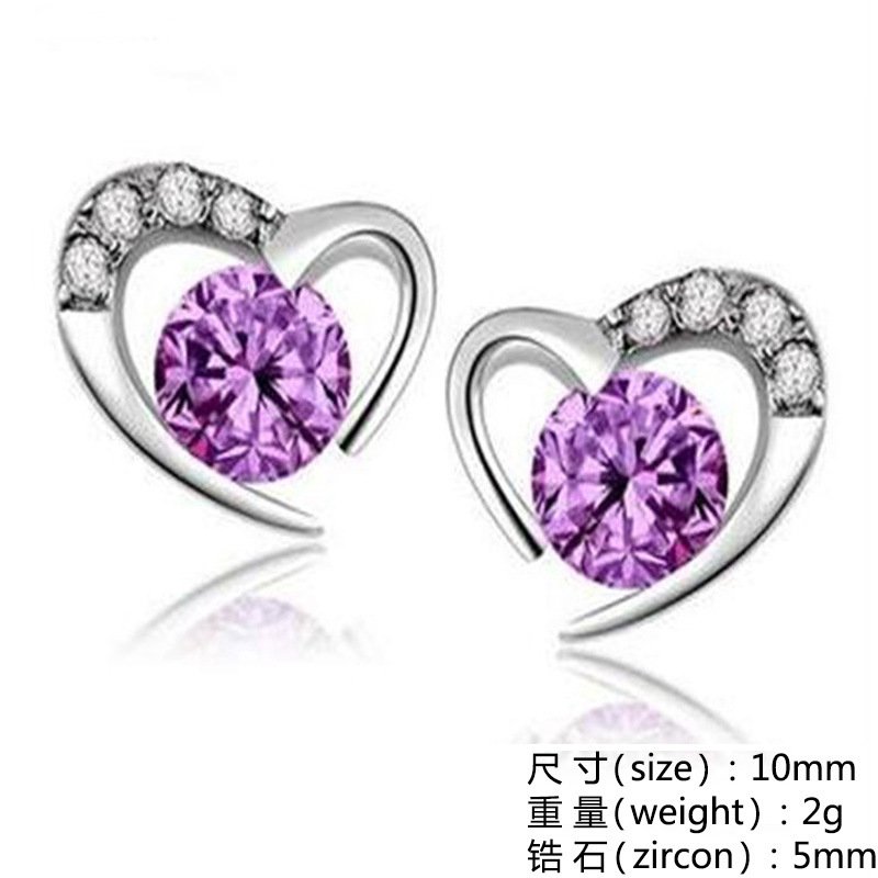 Silver earrings female cute heart-shaped amethyst petite earrings birthday gift